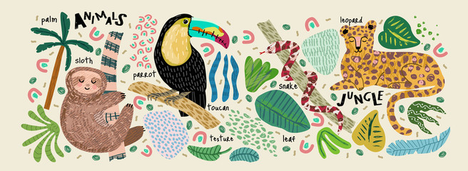Abstract jungle! Vector illustrations of animals (sloth, snake, leopard, parrot toucan), leaves, spots, objects and textures. Hand-drawn art for poster, card or background  © Ardea-studio