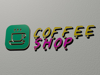 3D graphical image of coffee shop vertically along with text built by metallic cubic letters from the top perspective, excellent for the concept presentation and slideshows for background and cup