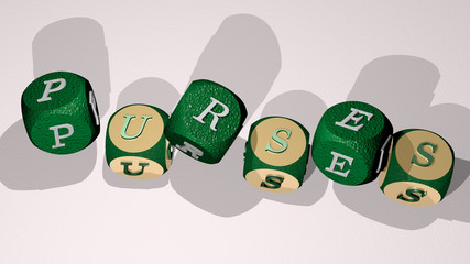 purses text by dancing dice letters, 3D illustration