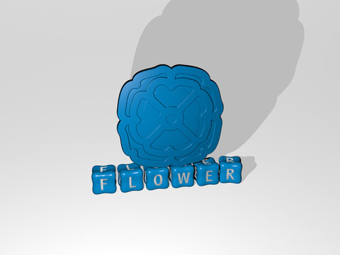 FLOWER 3D icon object on text of cubic letters, 3D illustration for background and beautiful