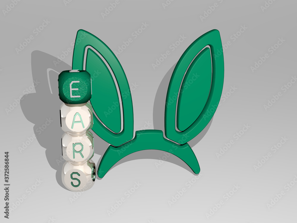 Poster 3d representation of ears with icon on the wall and text arranged by metallic cubic letters on a mir