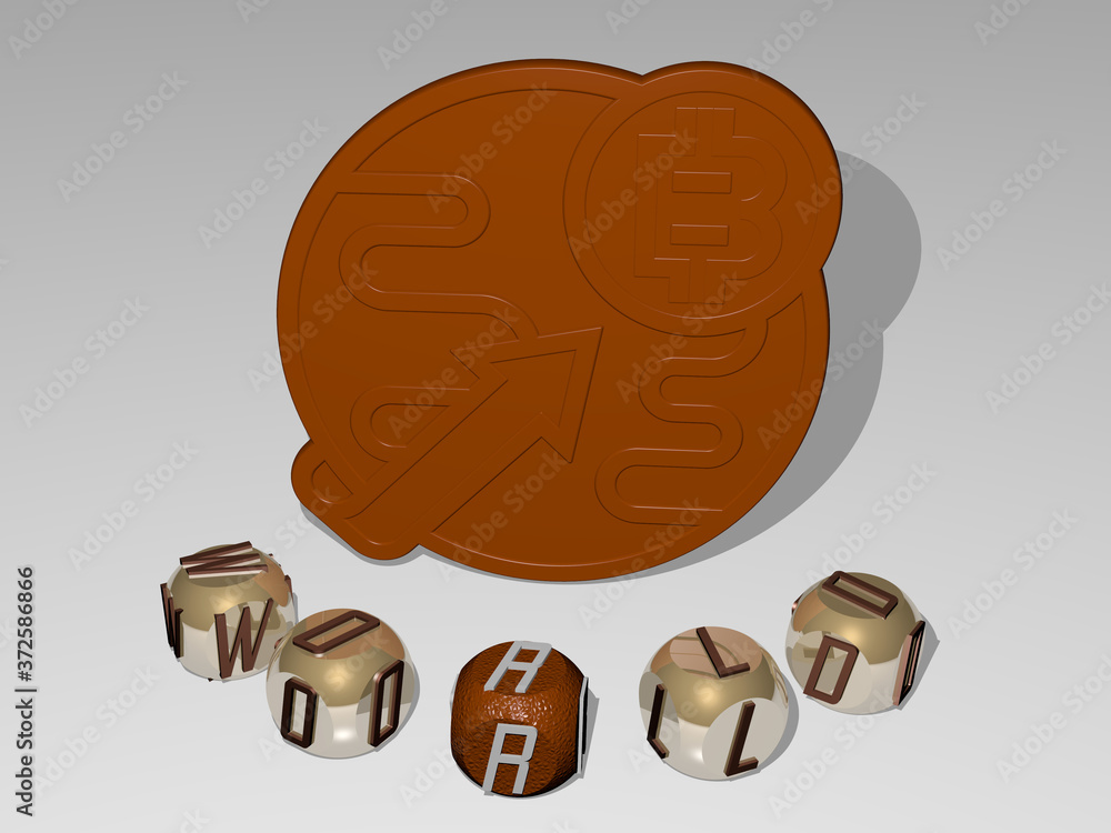 Poster world round text of cubic letters around 3d icon, 3d illustration for background and map