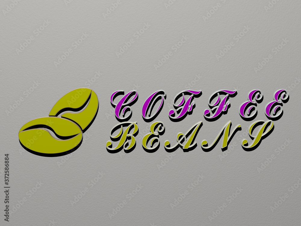 Poster 3d representation of coffee beans with icon on the wall and text arranged by metallic cubic letters 
