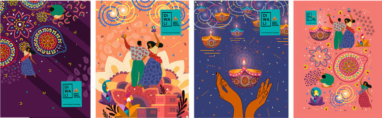 Happy Diwali. Indian festival of lights. Vector abstract flat illustration for the holiday, lights, hands,  Indian people, woman and other objects for background or poster.  
 - obrazy, fototapety, plakaty