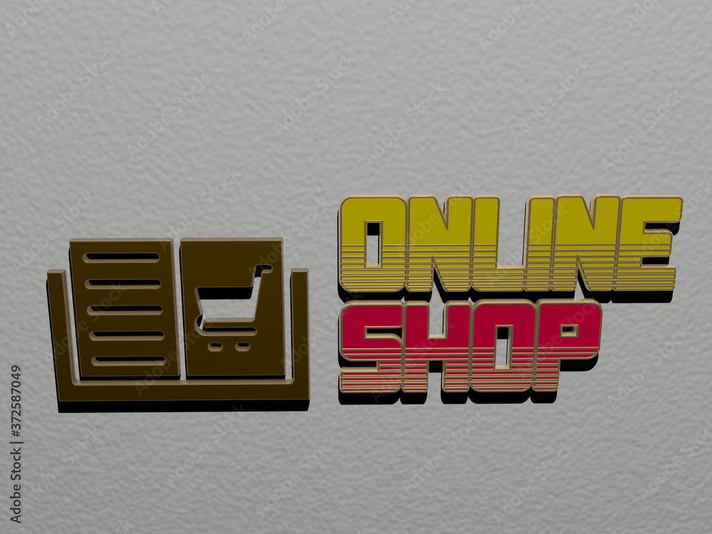 Leinwandbilder 3d graphical image of online shop vertically along with text built by metallic cubic letters from th