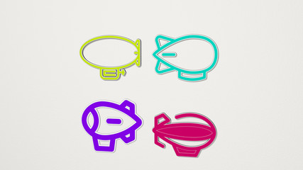 zeppelin colorful set of icons, 3D illustration for airship and balloon