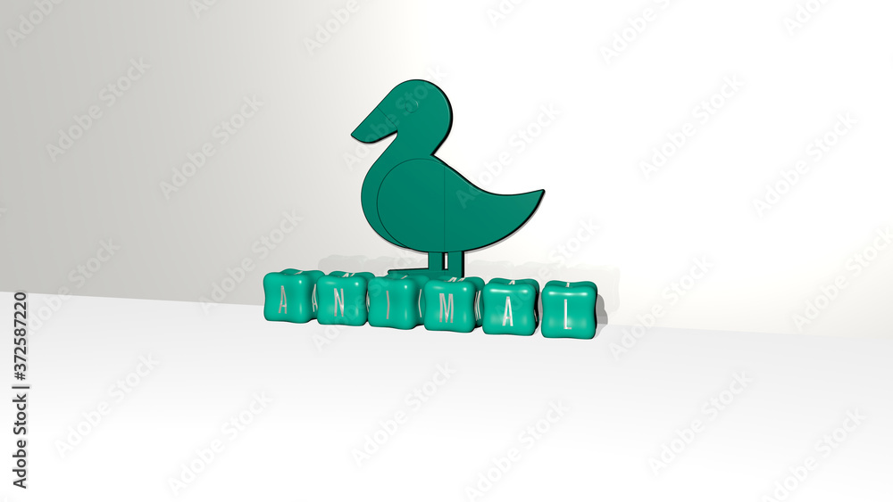 Aufkleber 3d representation of animal with icon on the wall and text arranged by metallic cubic letters on a m