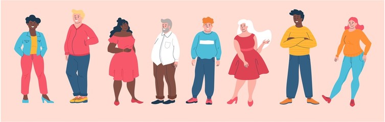 Body positive concept with a diverse group of plus size and overweight people standing in a line, colored vector illustration