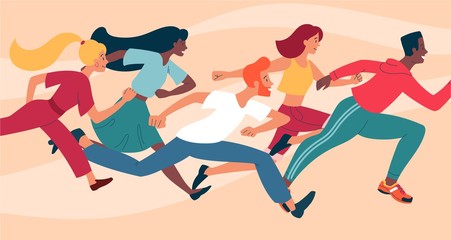 Diverse group of young people running as a crowd towards the right of the frame, colored vector illustration. Multiracial men and women. Motion, competition, victory, high speed lifestyle concept