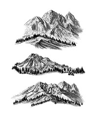 Mountain with pine trees and landscape black on white background. Hand drawn rocky peaks in sketch style. 
