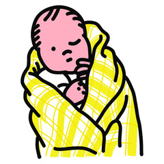 黄色いチェックのスワドルに巻かれているウインクしている赤ちゃんのイラスト