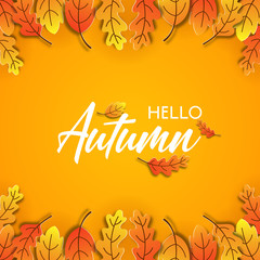 Autumn background design decorated with colorful leaves for web banner, shopping sale, and promo poster. Web banner template. Vector illustration