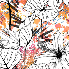 Fototapeta premium Floral Black White Pattern. Modern Watercolor