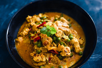 plant-based food, vegan curry stir fry with grilled tofu chunks