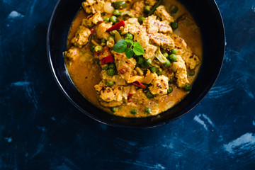 plant-based food, vegan curry stir fry with grilled tofu chunks