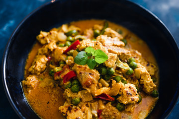 plant-based food, vegan curry stir fry with grilled tofu chunks