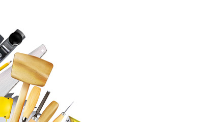 Composition 3d of set tools of joinery, carpentry craft or construction isolated on white background. Copy-space.