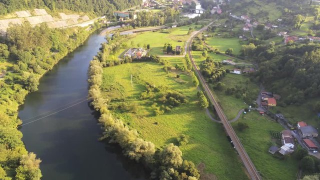 Asturias. Nalon River and beautiful landscape in Priañes.Spain. Aerial Drone Footage