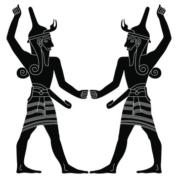 Symmetrical decor with two ancient men. God Baal. Black and white silhouette. Ugarit Canaan Hittites culture.