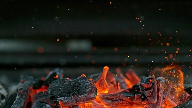 Black charcoal in bonfire, super slow motion shooting on high speed camera at 1000fps