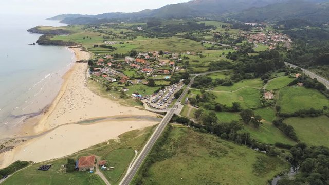 Asturias. Beautiful beach  El Barrigon La Isla in Colunga. Aerial Drone Footage