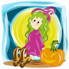 Obraz na płótnie Canvas little witch and pumpkin jack o lantern vector for halloween content.
