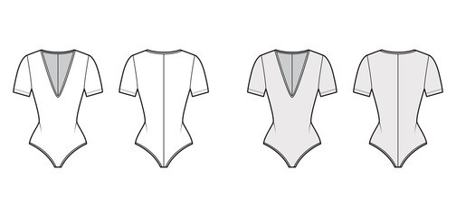 Stretch-jersey bodysuit technical fashion illustration with plunging V-neckline, sculpting fit, short sleeves. Flat one-piece apparel template front back white grey color. Women men unisex swimsuit