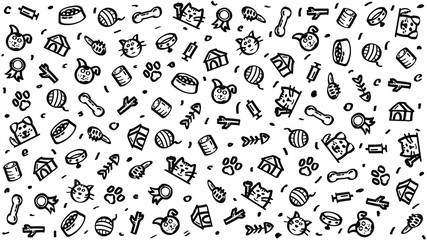 Abstract Doodle Elements Hand Drawn Collection Pets Animal Sketch Vector Design Style Background Dog Cat Bone Food Training Caring Grooming  Illustration Icons