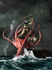 Poseidon, the ancient Greek got of the sea  does battle with the Kraken, a giant octopus.  The two great beings of mythology clash as a storm breaks sending lightning streaking down from the skies - obrazy, fototapety, plakaty