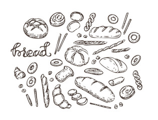 Bread bakery hand drawn vector set of food