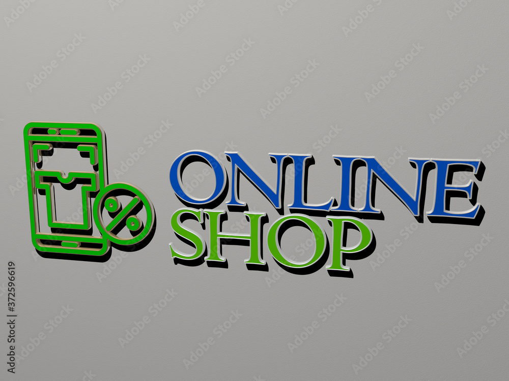 Poster 3d representation of online shop with icon on the wall and text arranged by metallic cubic letters o