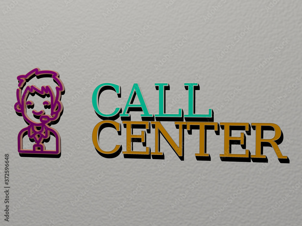 Poster 3D representation of call center with icon on the wall and text arranged by metallic cubic letters on a mirror floor for concept meaning and slideshow presentation for phone and business