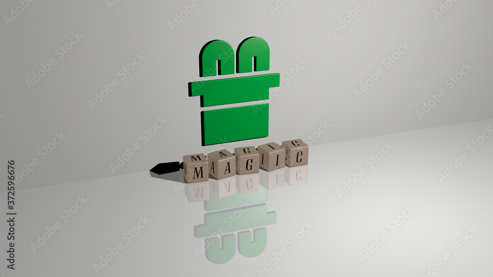 Poster magic text of cubic dice letters on the floor and 3d icon on the wall, 3d illustration for backgroun