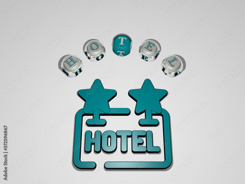 Poster hotel circular text of separate letters around the 3d icon, 3d illustration for building and archite