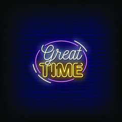 Fototapeta na wymiar Great Time Neon Signs Style Text Vector