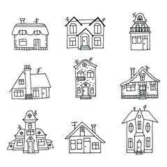 Set of nine hand drawn cartoon house. Children's sketch illustration with different stylized fantasy buildings. Childish vintage black and white outline vector illustration