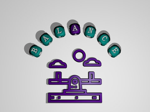 balance icon surrounded by the text of individual letters, 3D illustration for background and concept
