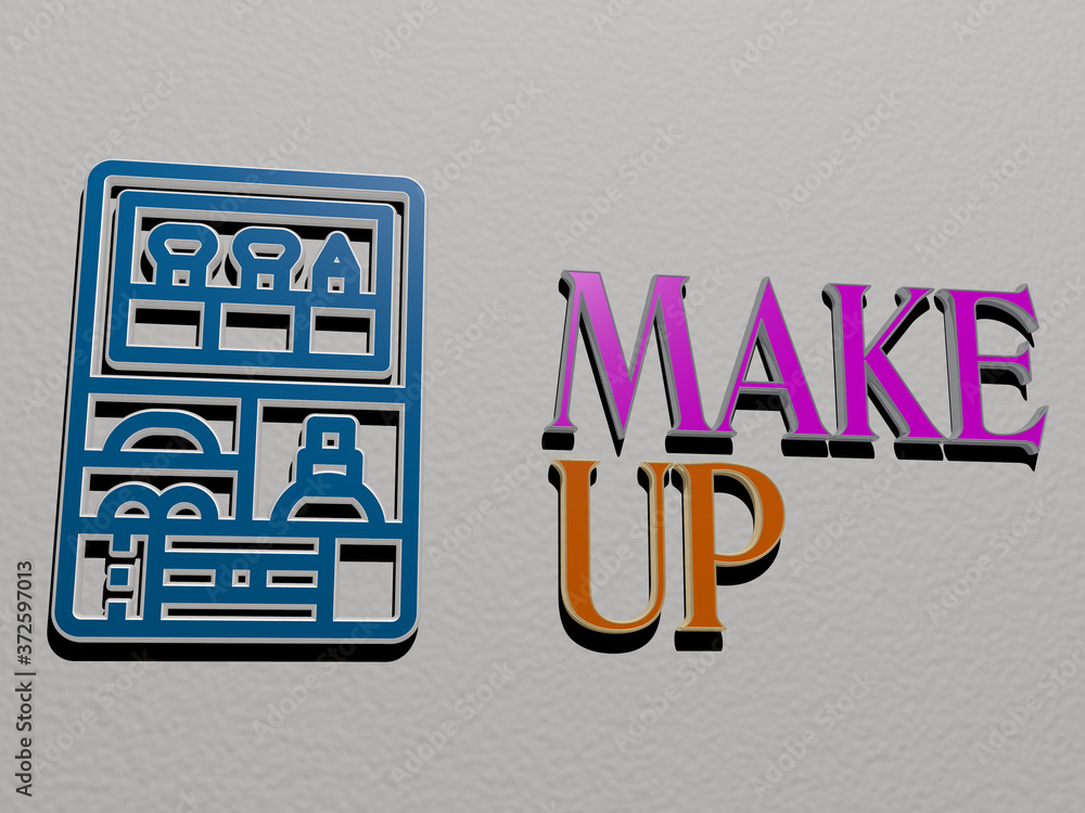 Poster 3d illustration of make up graphics and text made by metallic dice letters for the related meanings 