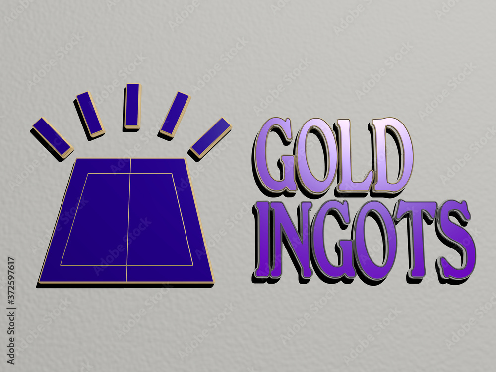 Poster 3d illustration of gold ingots graphics and text made by metallic dice letters for the related meani