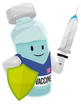 Vaccine Vial like Knight with Syringe like Sword and Shield, Vector Illustration