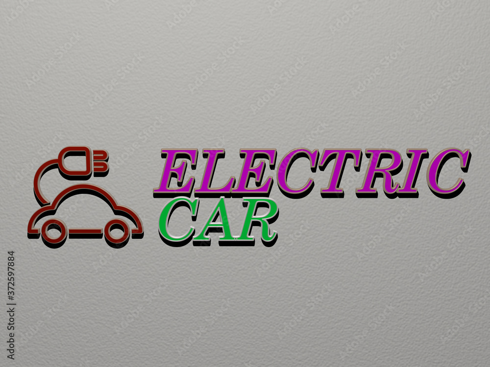 Poster 3d representation of electric car with icon on the wall and text arranged by metallic cubic letters 