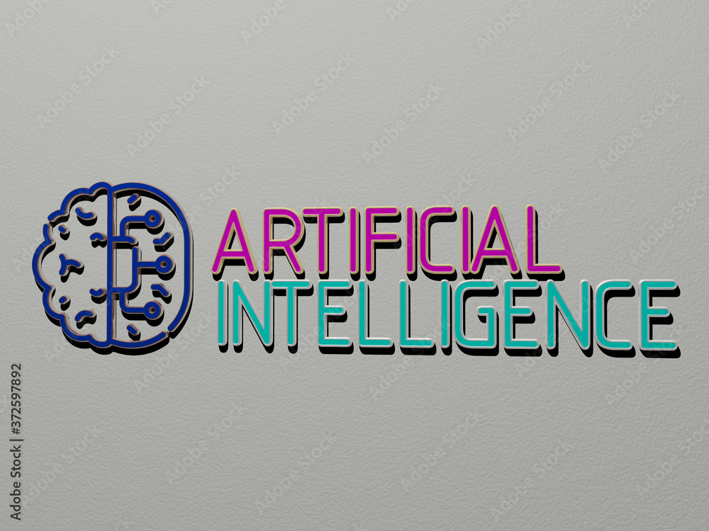 Fototapete 3d illustration of artificial intelligence graphics and text made by metallic dice letters for the r