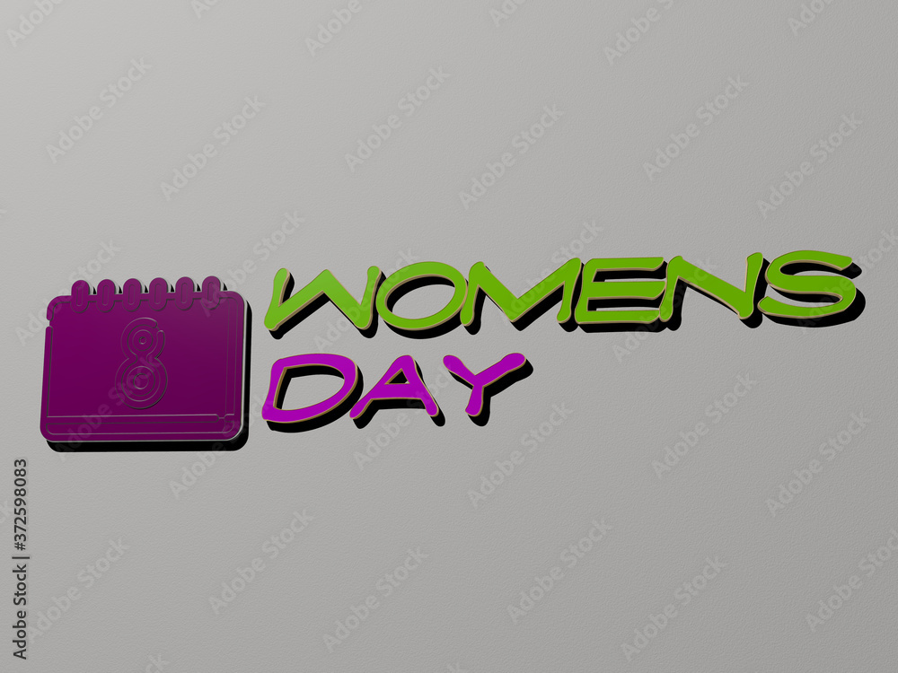 Poster 3d representation of womens day with icon on the wall and text arranged by metallic cubic letters on