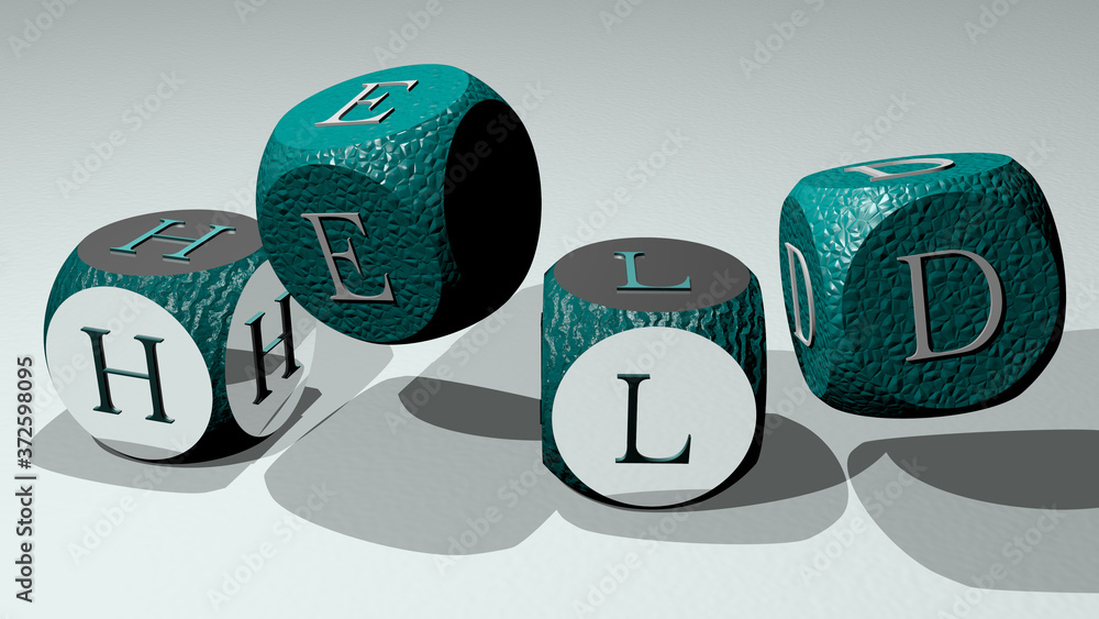 Poster held text by dancing dice letters, 3d illustration for editorial and background