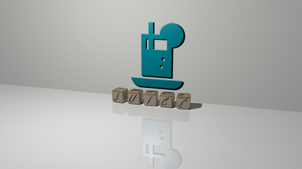 juice text of cubic dice letters on the floor and 3D icon on the wall, 3D illustration for background and fresh