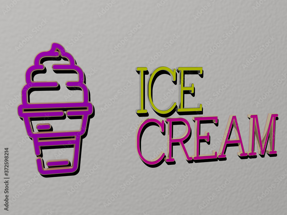 Poster 3D illustration of ice cream graphics and text made by metallic dice letters for the related meanings of the concept and presentations for background and cold