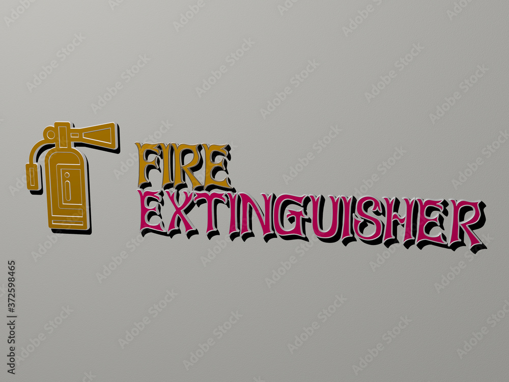 Poster 3d illustration of fire extinguisher graphics and text made by metallic dice letters for the related