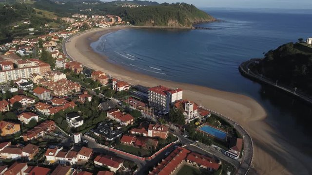 Beach in Ribadesella, coastal village of Asturias,Spain. Aerial Drone Footage