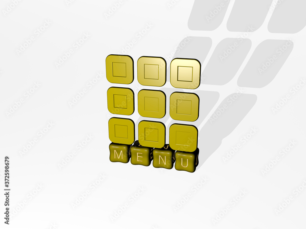 Poster menu 3d icon object on text of cubic letters, 3d illustration for background and design