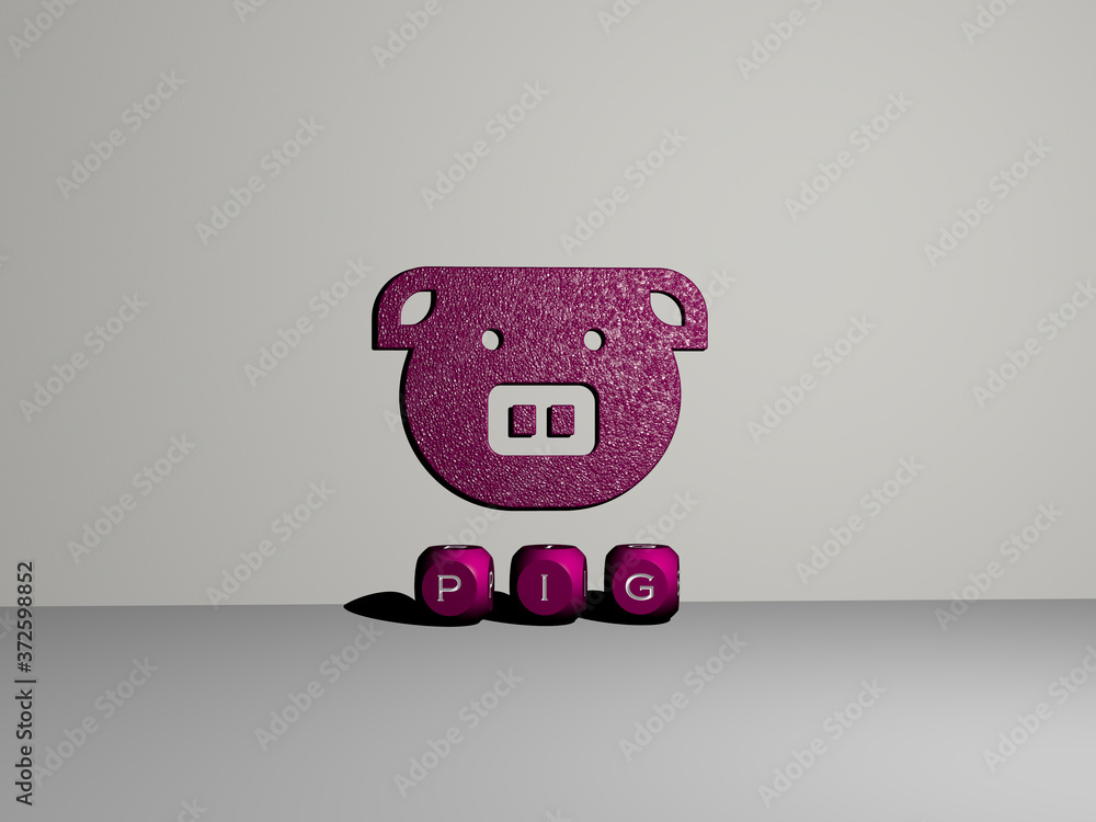 Poster 3d illustration of pig graphics and text made by metallic dice letters for the related meanings of t